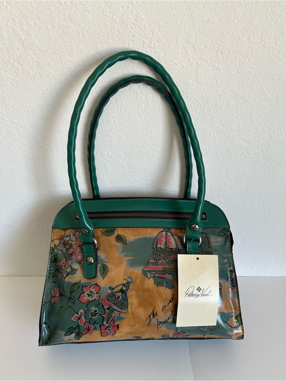 Patricia Nash Green Floral Dome Satchel with Scenic Print